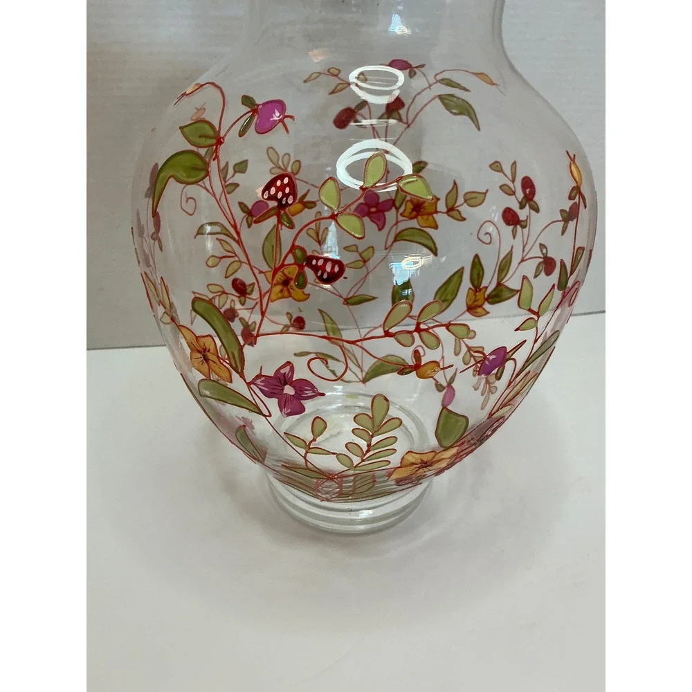 Hand Painted Glass Vase Floral Berry Vine Clear 9.5 Inch Cottagecore